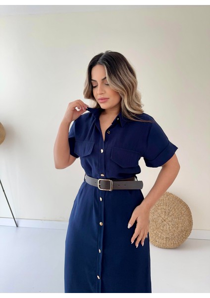 Kemerli Midi Gömlek Elbise Lacivert