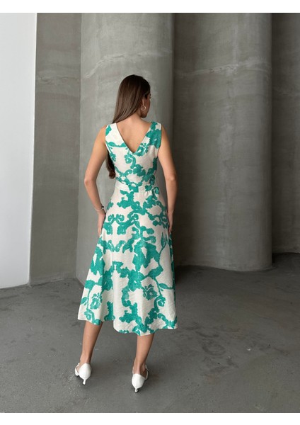 Kuşaklı Desenli Kalın Askılı Elbise Yeşil