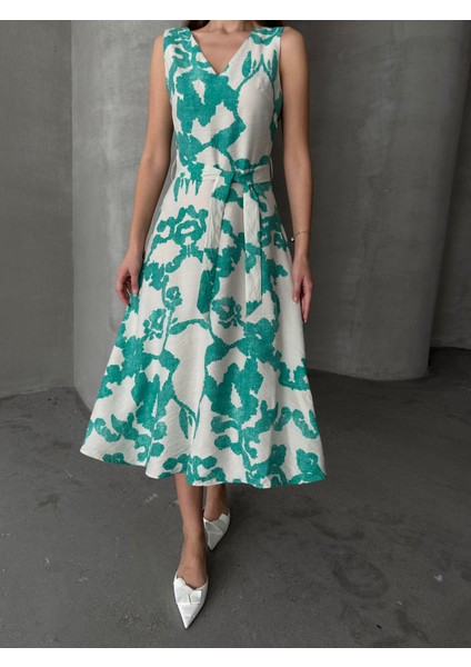 Kuşaklı Desenli Kalın Askılı Elbise Yeşil