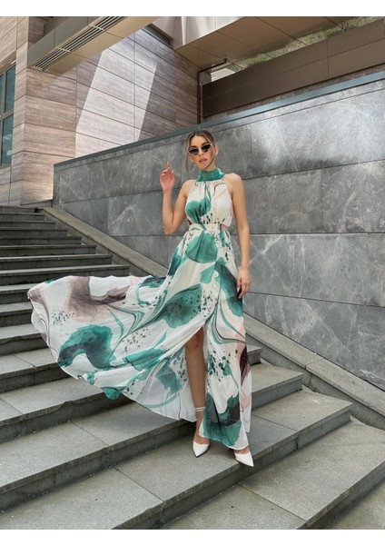 Yırtmaçlı Desenli Uzun Uçuş Elbise Yeşil