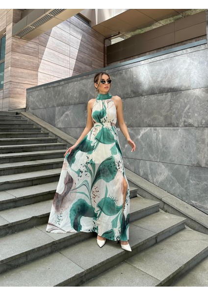 Yırtmaçlı Desenli Uzun Uçuş Elbise Yeşil fiyatları