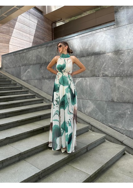 Yırtmaçlı Desenli Uzun Uçuş Elbise Yeşil