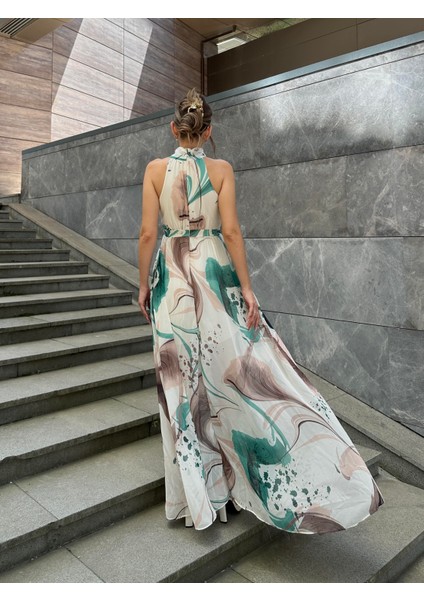 Yırtmaçlı Desenli Uzun Uçuş Elbise Yeşil