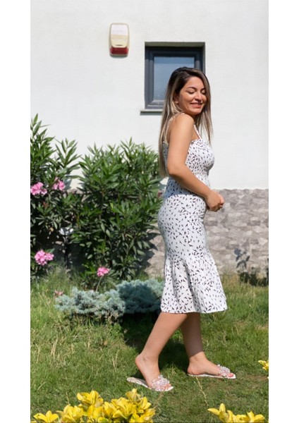 Askılı Kuş Desenli Viskon Elbise Beyaz indirimleri