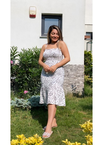 Askılı Kuş Desenli Viskon Elbise Beyaz