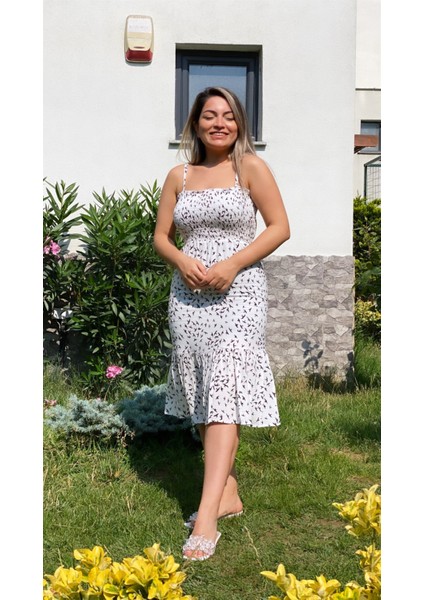 Askılı Kuş Desenli Viskon Elbise Beyaz