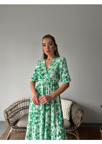 Çiçekli Kruvaze Krep Elbise Yeşil fiyatları