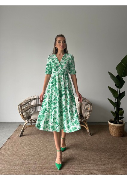 Çiçekli Kruvaze Krep Elbise Yeşil fırsatları