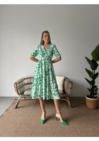 Çiçekli Kruvaze Krep Elbise Yeşil