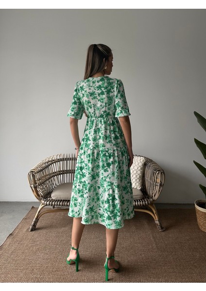 Çiçekli Kruvaze Krep Elbise Yeşil