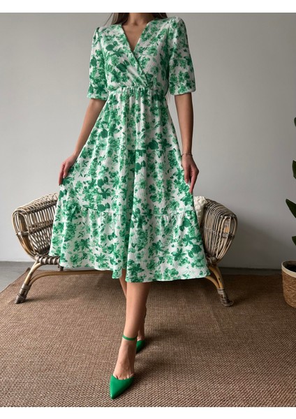 Çiçekli Kruvaze Krep Elbise Yeşil