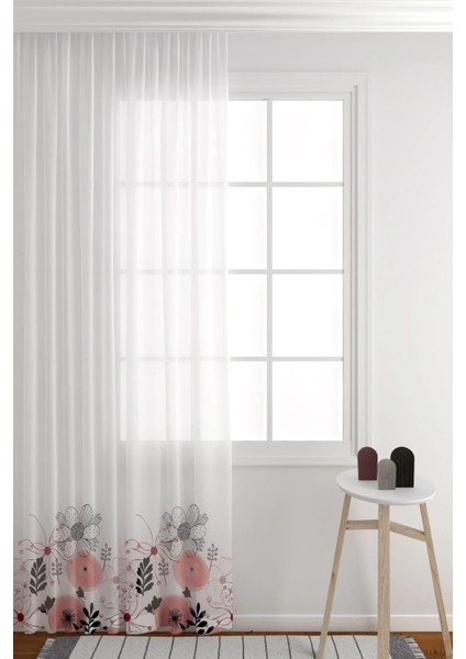 Tül Perde Beyaz Zemin Renkli Çiçekler ve Bitkiler Salon & Oturma Odası Tül Perde Seyrek Pile (1x2)