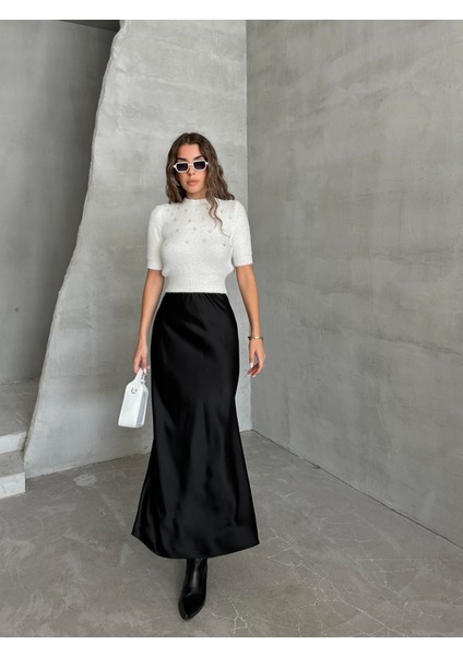 Kısa Kol Taş Işlemeli Yumoş Kazak Ekru