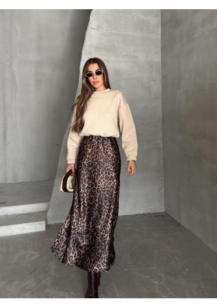 Maxi Boy Saten Etek Leopar Kahverengi