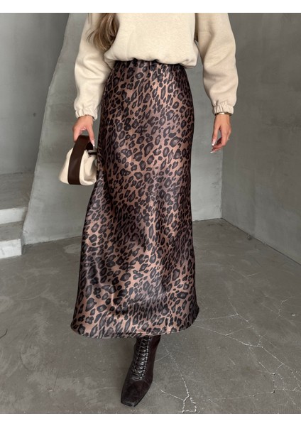 Maxi Boy Saten Etek Leopar Kahverengi