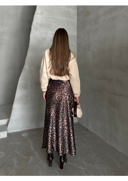 Maxi Boy Saten Etek Leopar Kahverengi