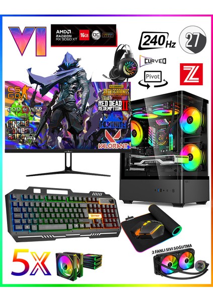 GTA-VI RX4XT ✔ Intel Core I5-14400F 32GB Ram 1TB M.2 Nvme SSD 16GB GDDR6 RX9060XT 27" 240Hz Sıvı Soğutmalı Premium Oyuncu Bilgisayarı