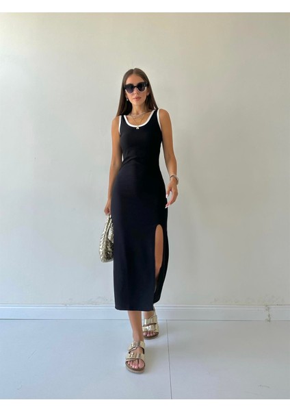 Fitilli Yırtmaçlı Beyaz Biyeli Elbise Siyah modelleri