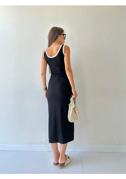 Fitilli Yırtmaçlı Beyaz Biyeli Elbise Siyah indirimleri