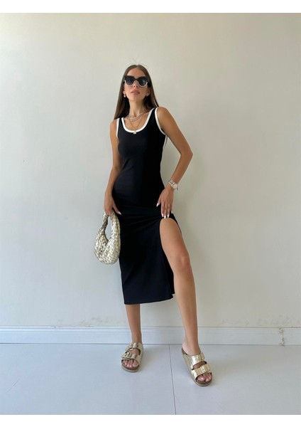 Fitilli Yırtmaçlı Beyaz Biyeli Elbise Siyah