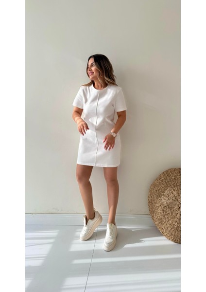 Kısa Kol Marka Pike Elbise Ekru