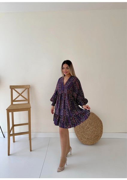 Etnik Desen Salaş Elbise Mor