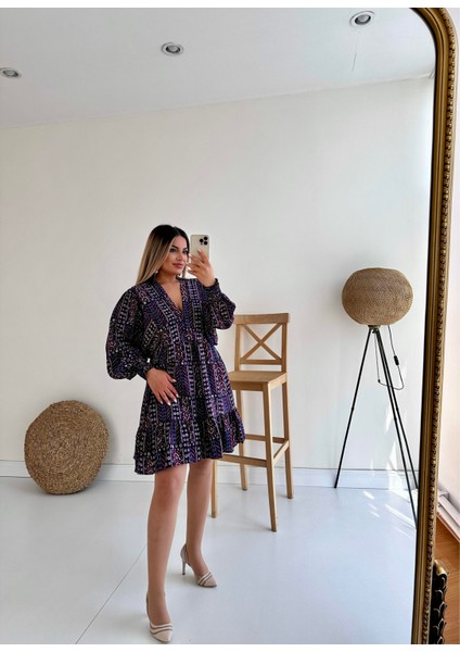 Etnik Desen Salaş Elbise Mor fiyatları