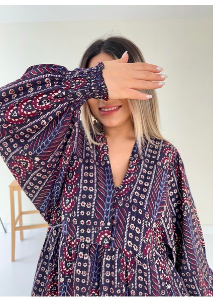 Etnik Desen Salaş Elbise Mor modelleri