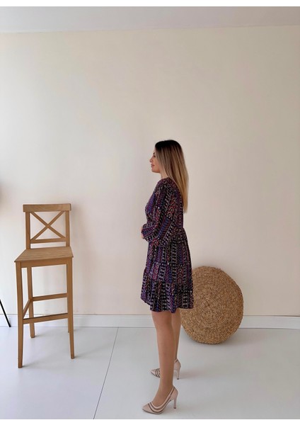 Etnik Desen Salaş Elbise Mor