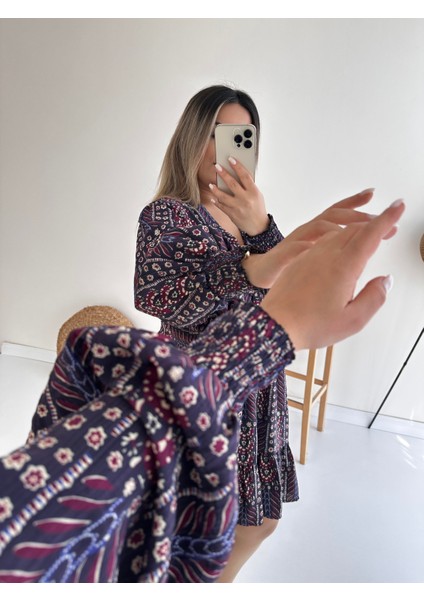 Etnik Desen Salaş Elbise Mor
