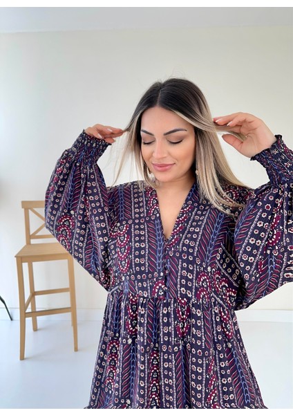 Etnik Desen Salaş Elbise Mor
