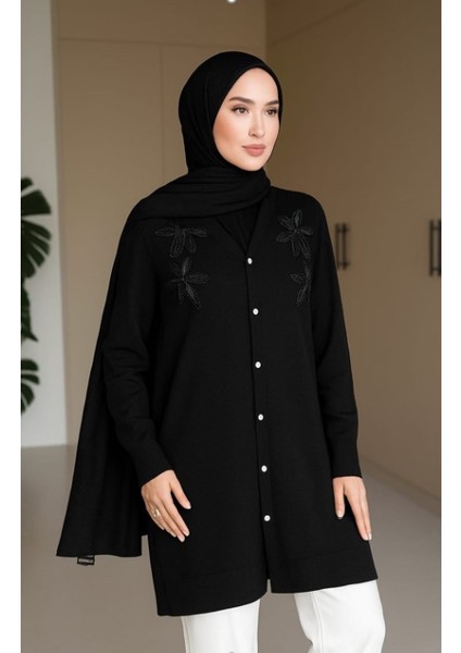 Triko Çiçekli Düğmeli Uzun Hırka modelleri