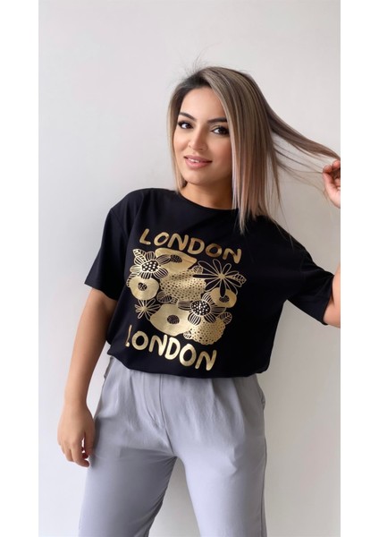London Varak Baskılı Tişört Siyah modelleri