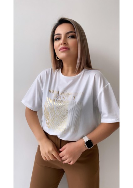If You Want It Varak Baskılı Tişört Ekru
