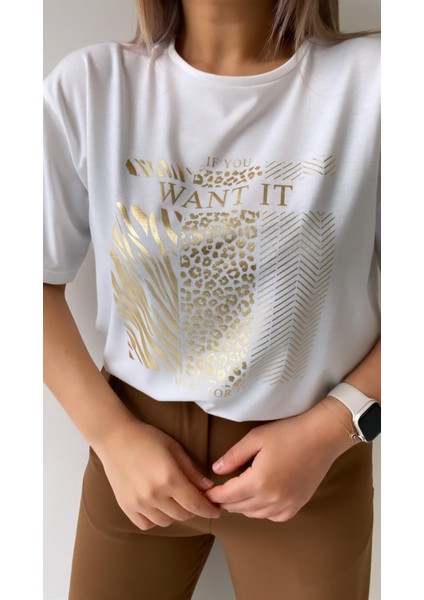If You Want It Varak Baskılı Tişört Ekru fiyatları