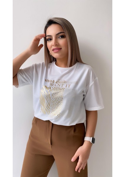 If You Want It Varak Baskılı Tişört Ekru modelleri