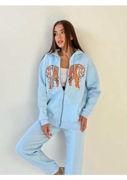 Kapüşonu Astarlı Baskılı Fermuarlı Sweat Bebe Mavi fiyatları