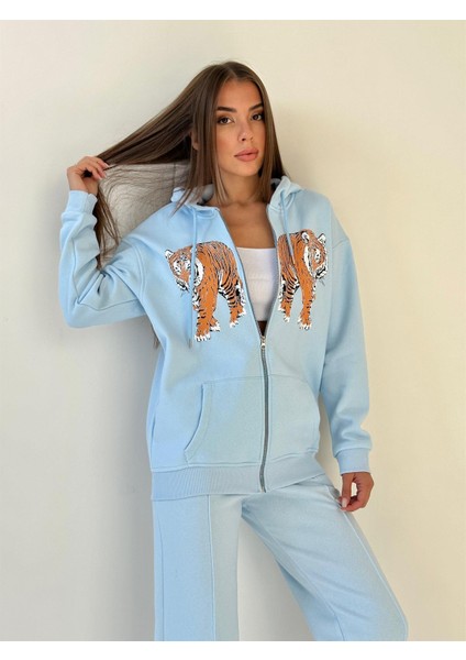 Kapüşonu Astarlı Baskılı Fermuarlı Sweat Bebe Mavi modelleri