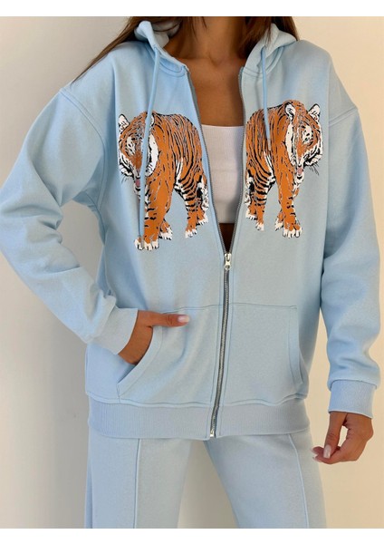 Kapüşonu Astarlı Baskılı Fermuarlı Sweat Bebe Mavi