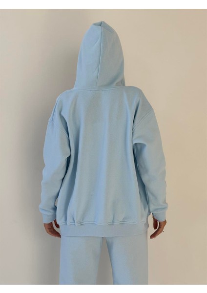 Kapüşonu Astarlı Baskılı Fermuarlı Sweat Bebe Mavi