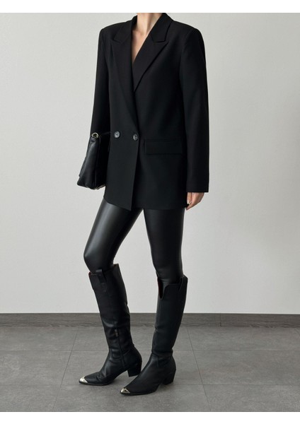Çift Düğme Polyviskon Oversize Ceket Siyah modelleri