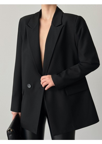 Çift Düğme Polyviskon Oversize Ceket Siyah fırsatları