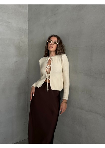 Bağlama Detaylı Triko Hırka Taş