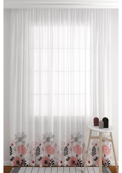 Tül Perde Beyaz Zemin Renkli Çiçekler ve Bitkiler Salon & Oturma Odası Tül Perde Seyrek Pile (1x2) fiyatları