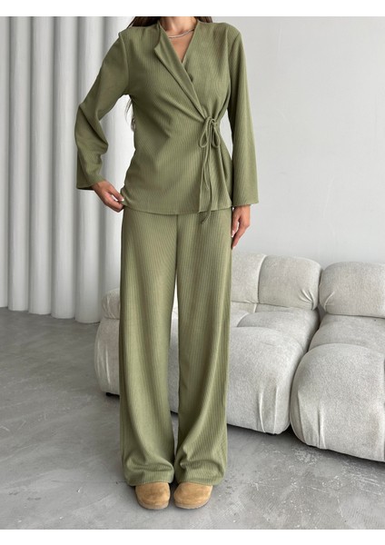 Bağlama Detaylı Triko Takım Çağla Yeşili