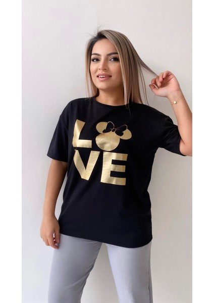 Love Varak Baskılı Tişört Siyah