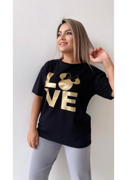 Love Varak Baskılı Tişört Siyah modelleri
