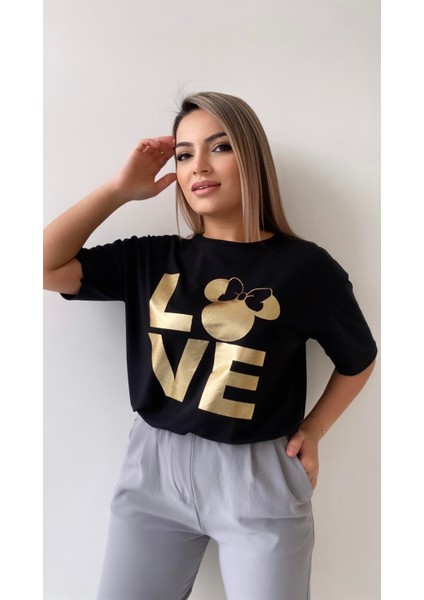 Love Varak Baskılı Tişört Siyah
