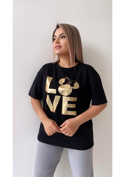 Love Varak Baskılı Tişört Siyah