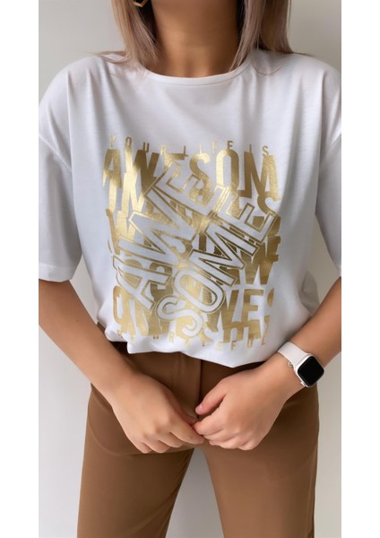 Awe Some Varak Baskılı Tişört Ekru fiyatları